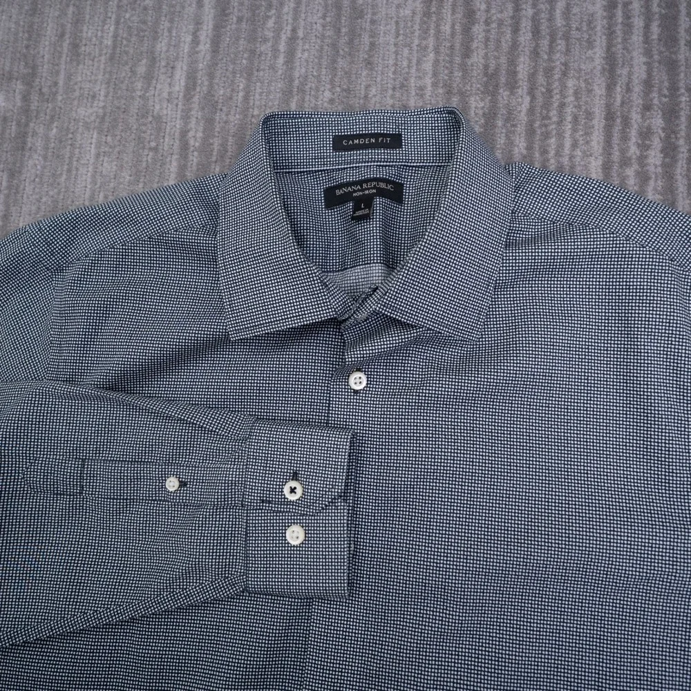 Banana Republic Camden Fit Non-Iron Dress Shirt Mens Large Navy Micro Check L